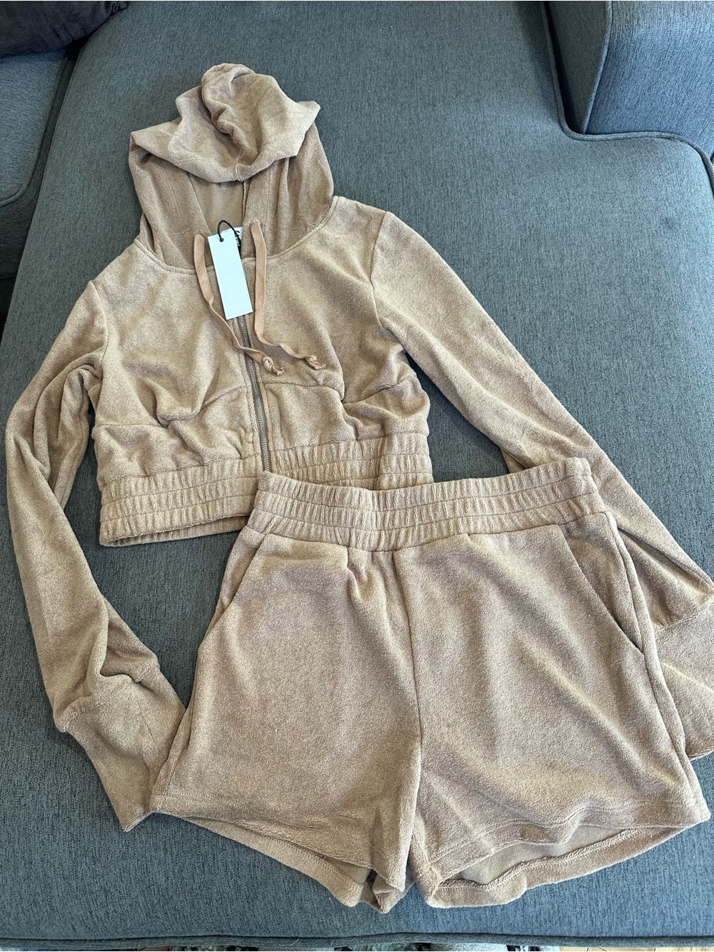Women's Cropped Hoodie & Shorts Set - Tan